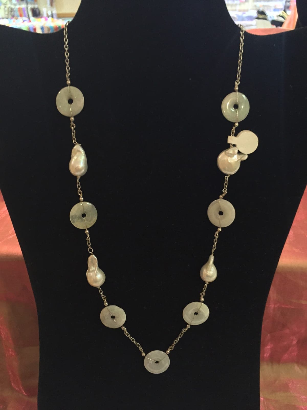 Jade Bi Disc & Baroque Pearl Station Necklace