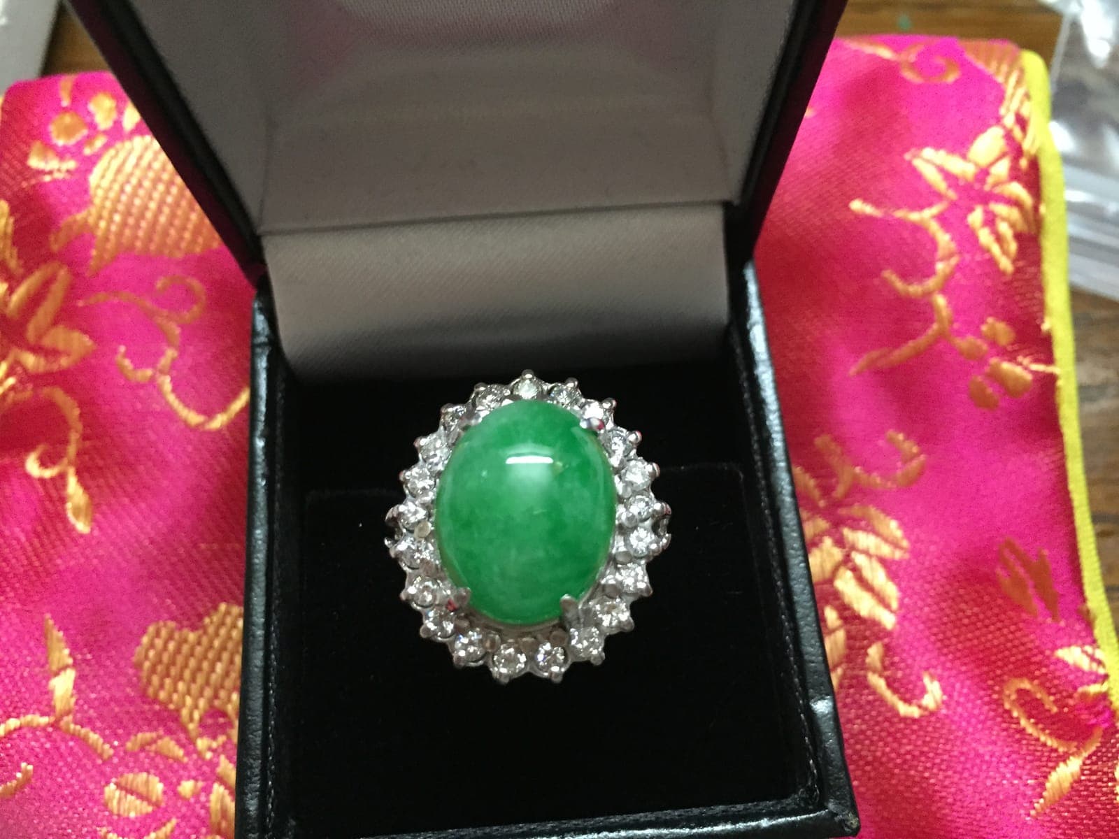 Green Jadeite & Diamond Halo Cocktail Ring