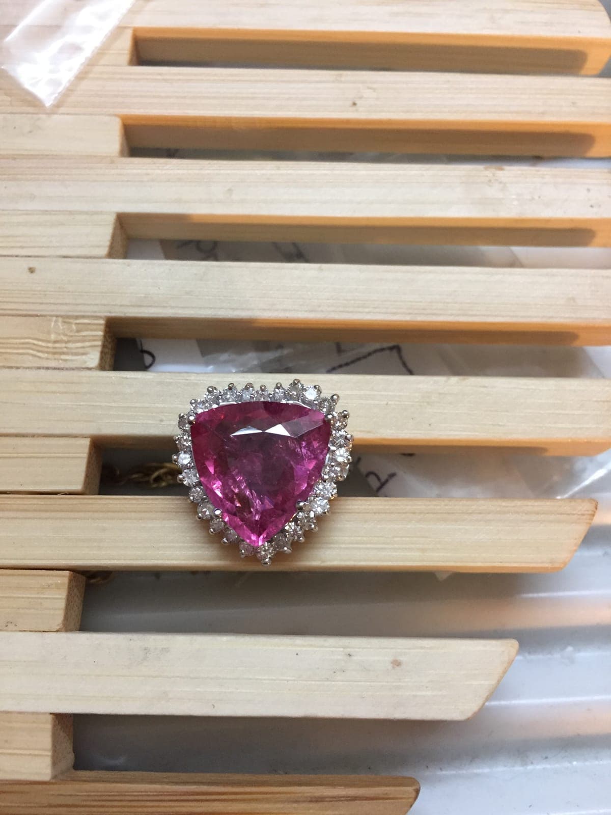 Pink Tourmaline Trillion Diamond Halo Ring