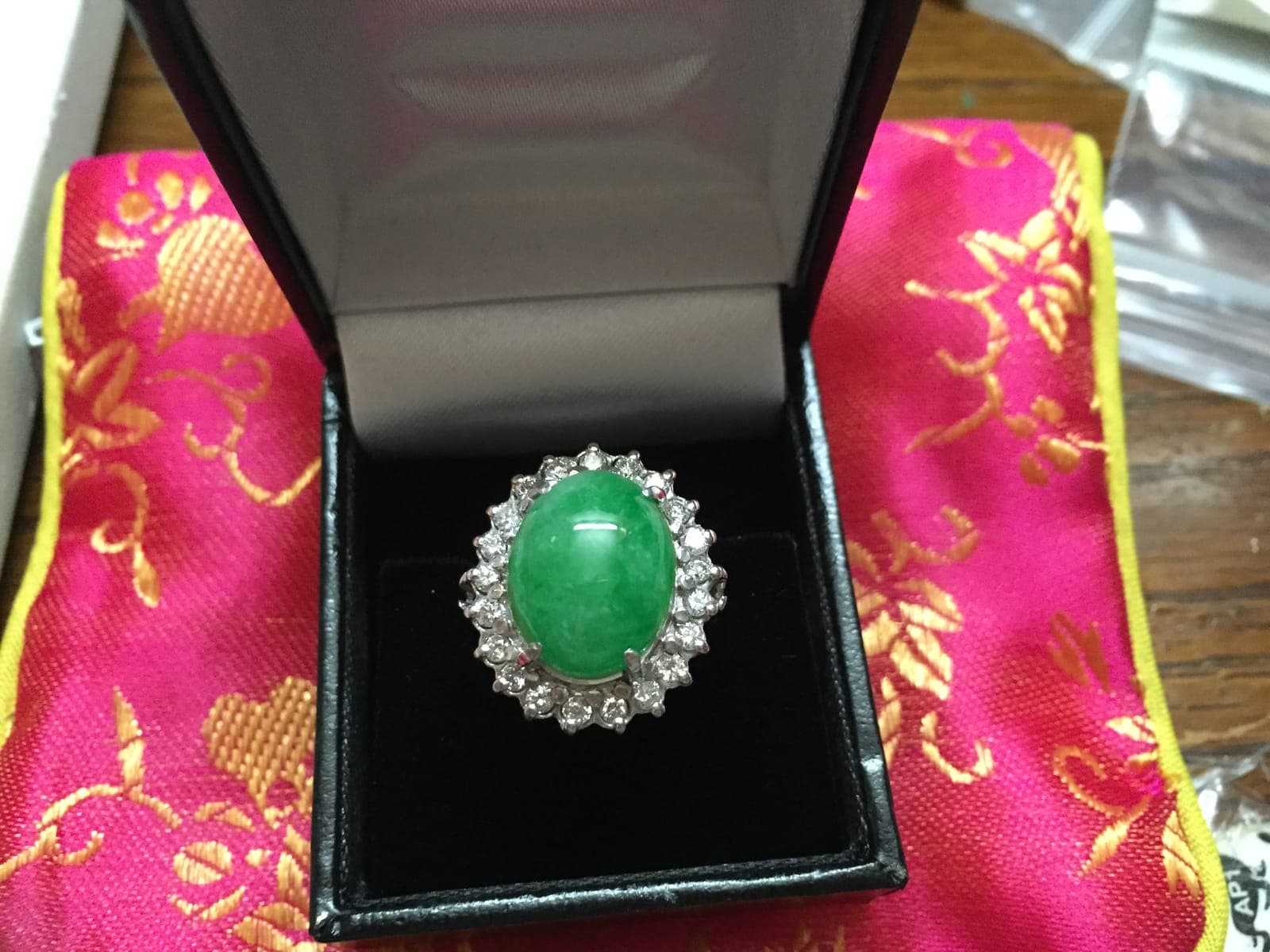 Jade Cabochon Diamond Halo Cocktail Ring
