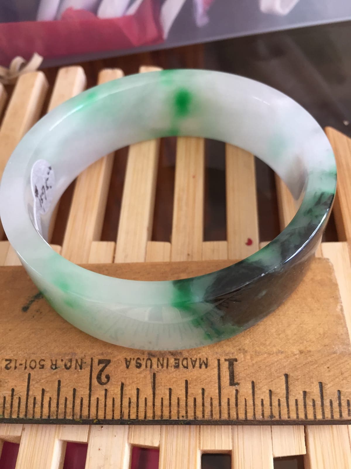 Icy White Jadeite Bangle — Green Spots