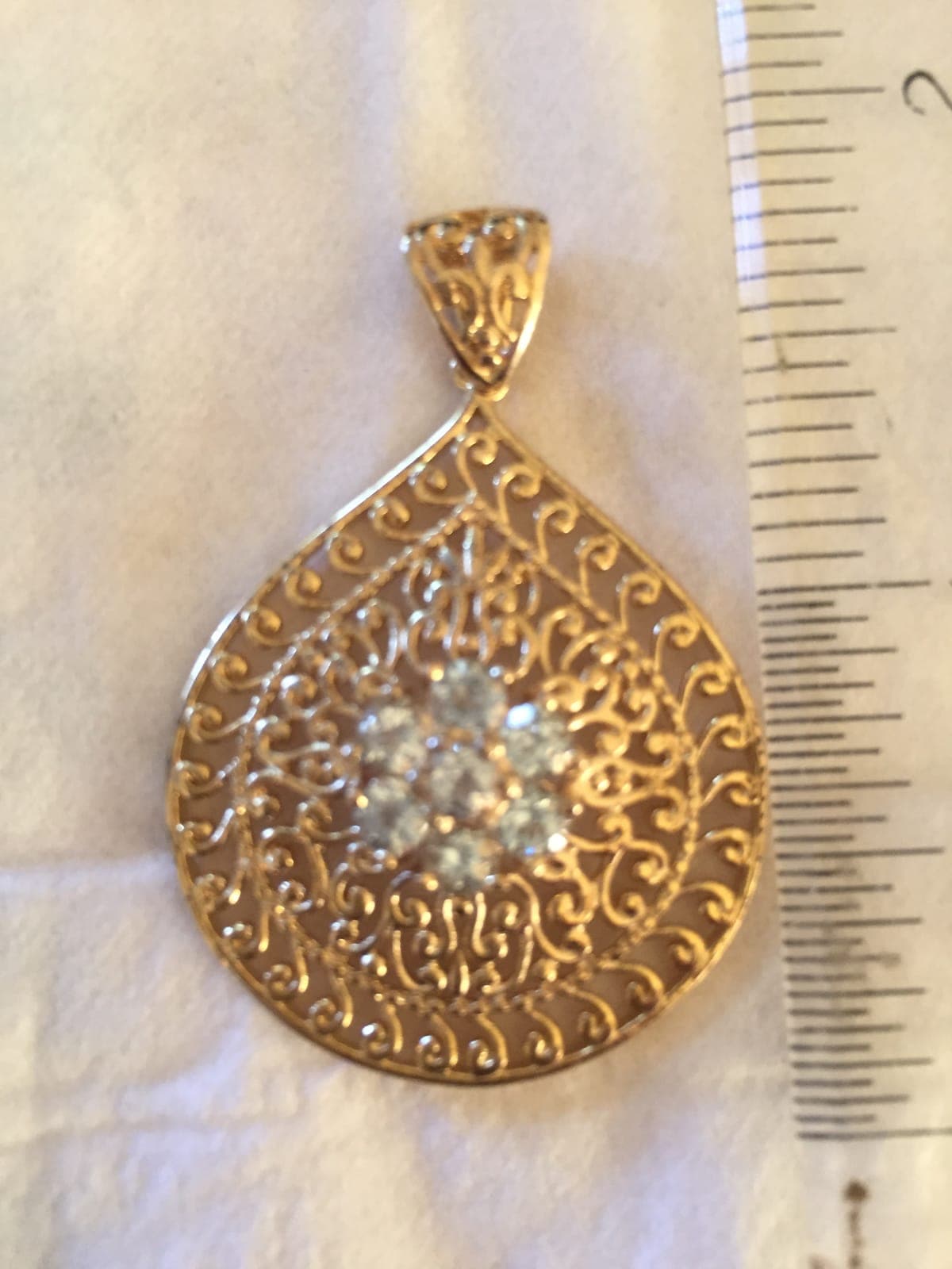 Gold Filigree Teardrop Pendant with Diamonds