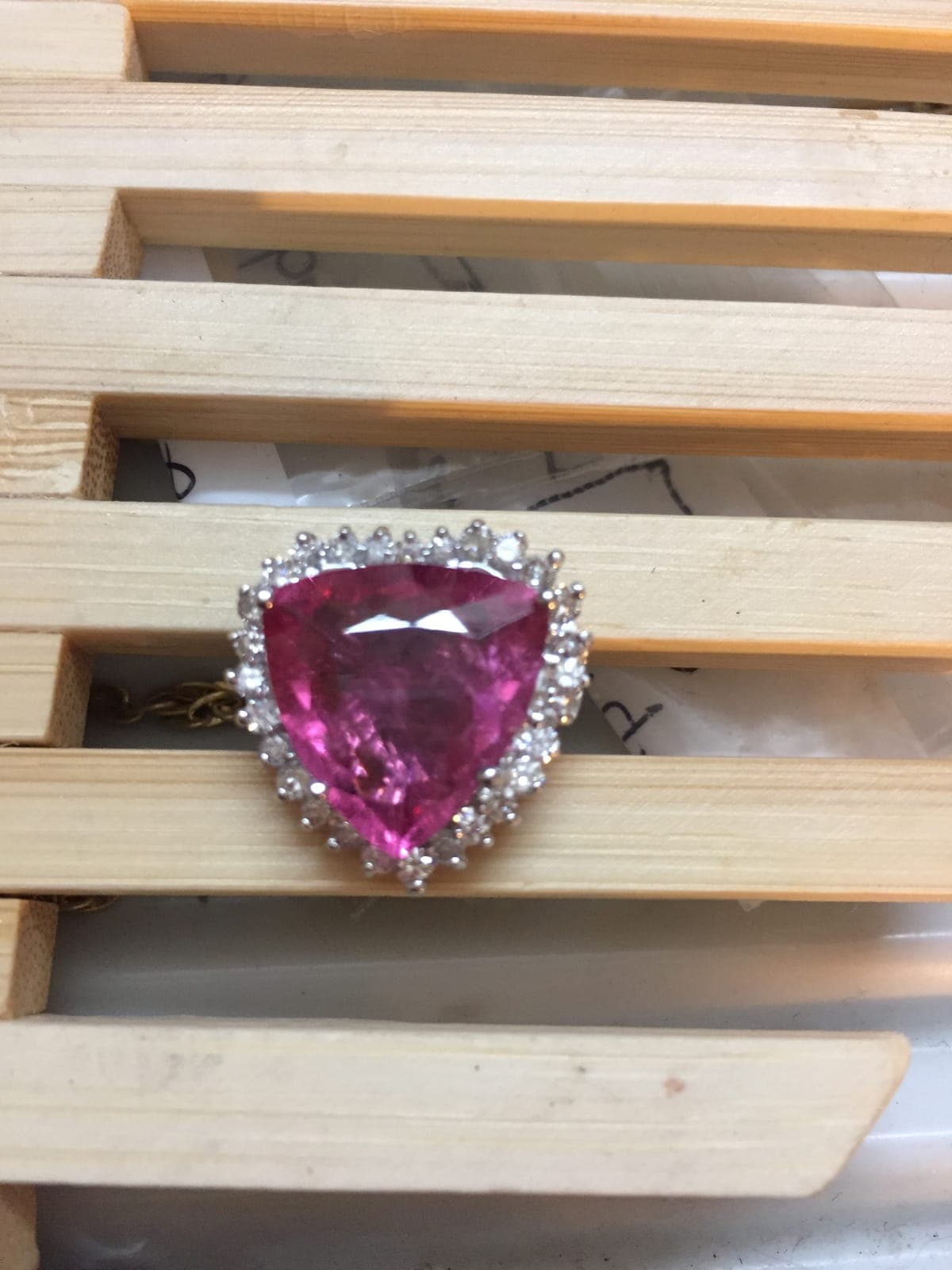 Pink Tourmaline Trillion & Diamond Halo Pendant