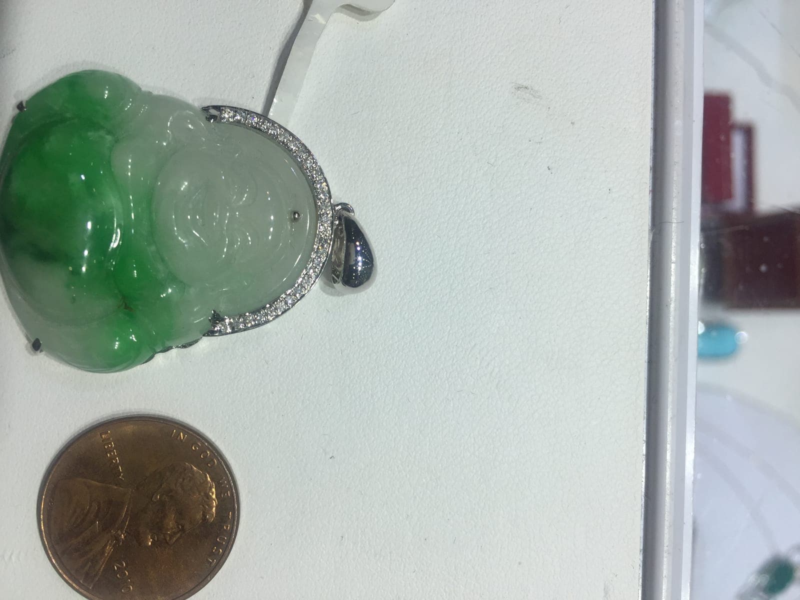 Carved Jadeite Laughing Buddha Pendant — Diamond Halo