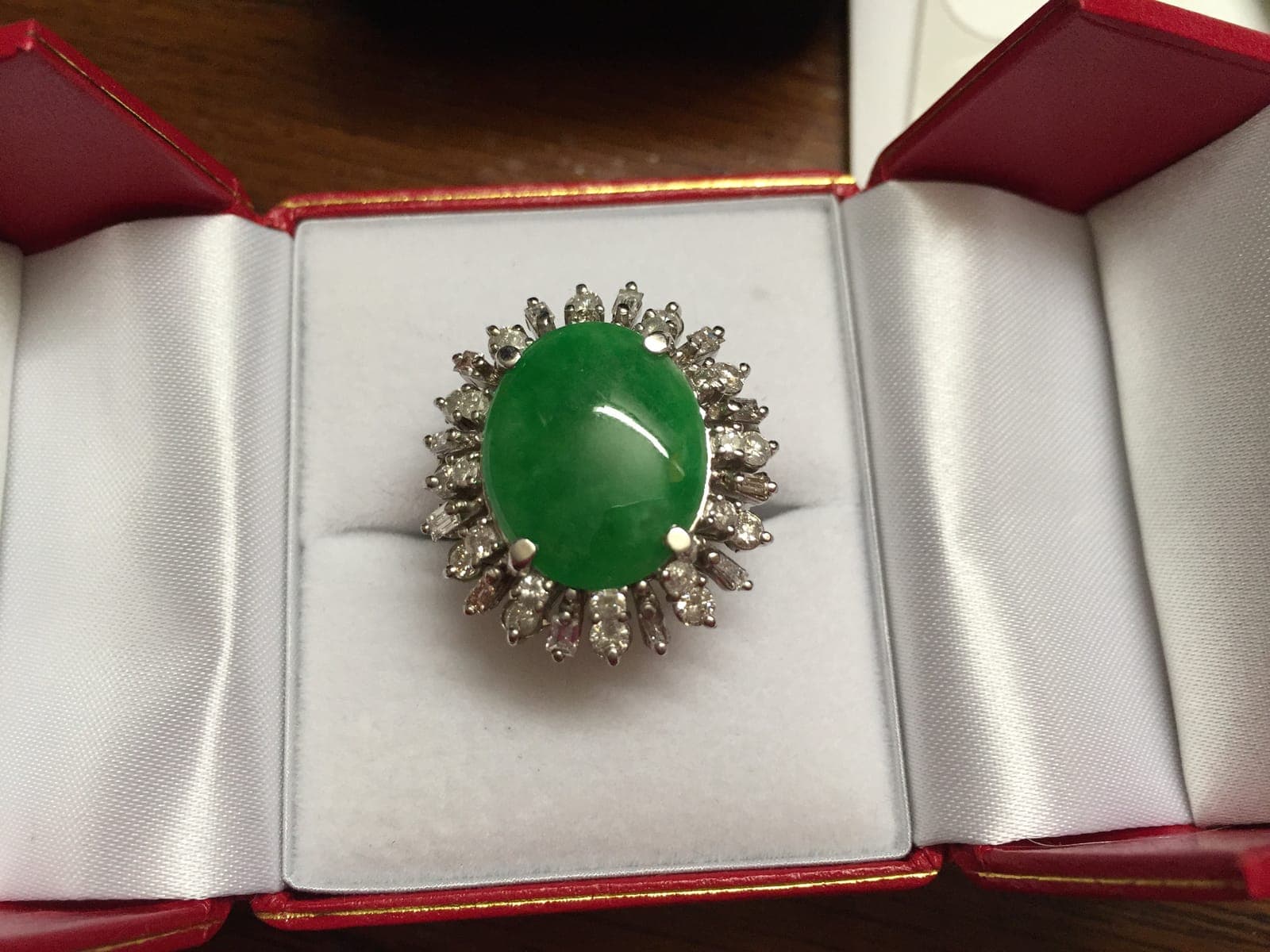 Green Jadeite Cabochon Ring — Diamond Sunburst Halo