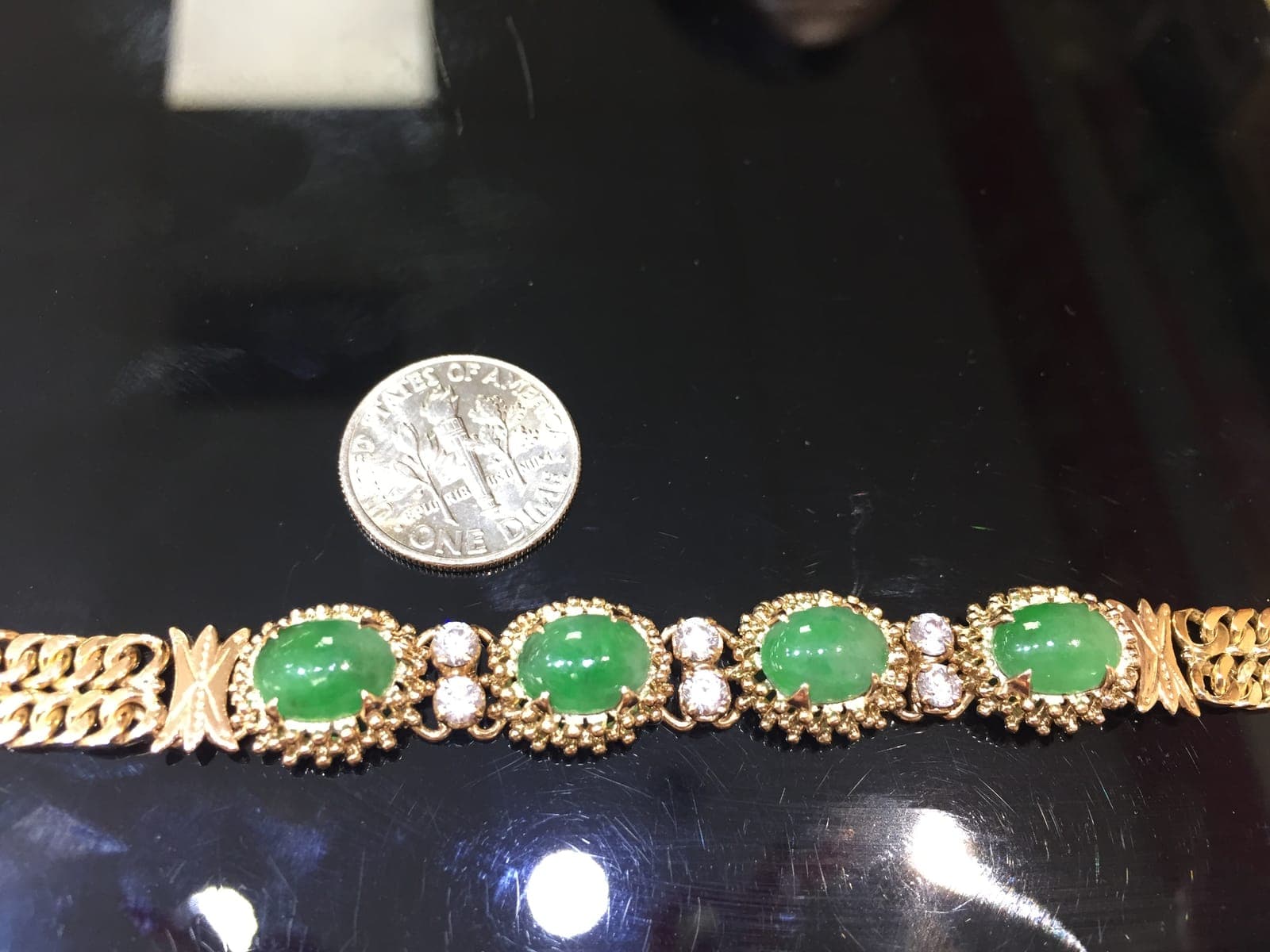 Jadeite Cabochon & Diamond Bracelet — Gold Filigree