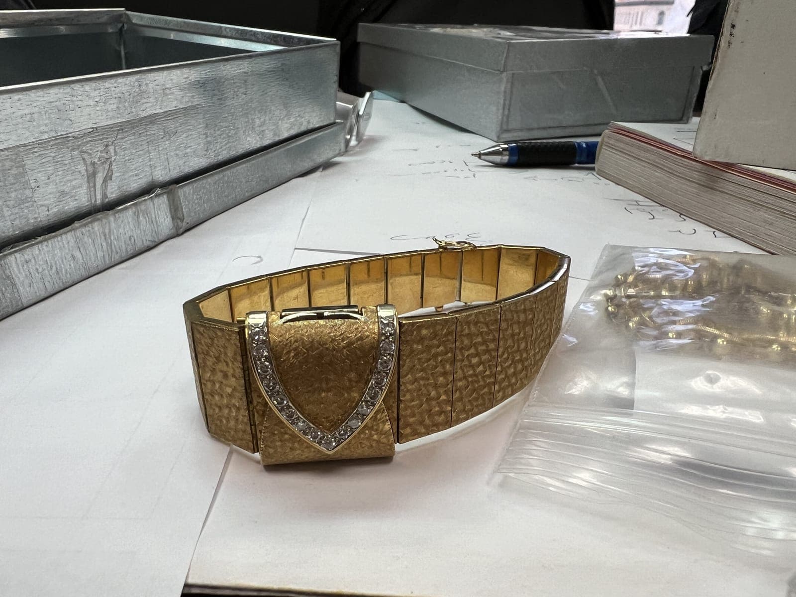 Gold Textured Buckle Bracelet with Diamonds