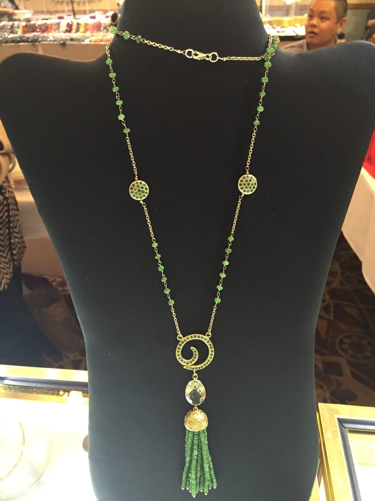 Green Gemstone & Gold Tassel Station Necklace