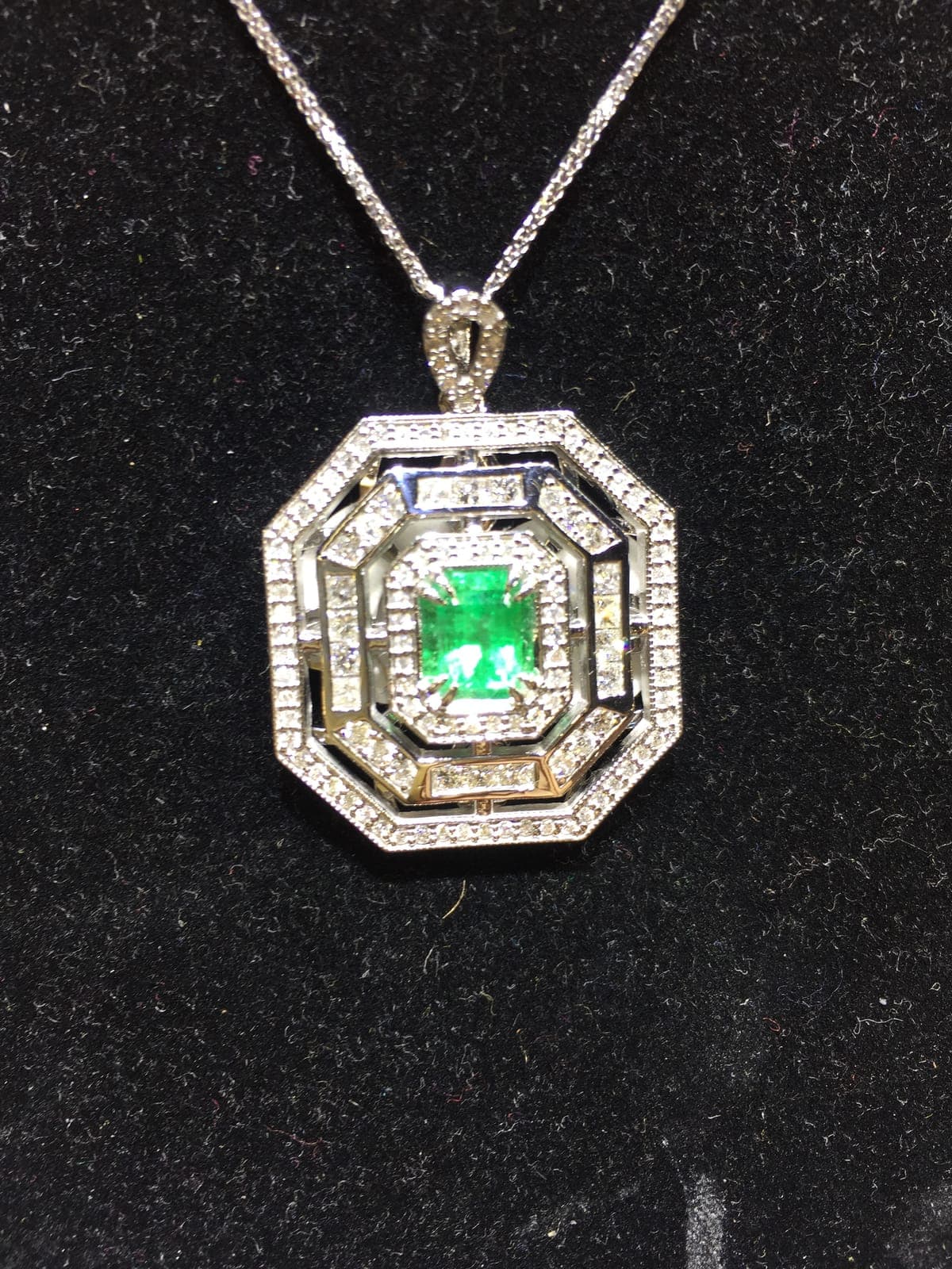 Art Deco Emerald & Diamond Octagonal Pendant Necklace