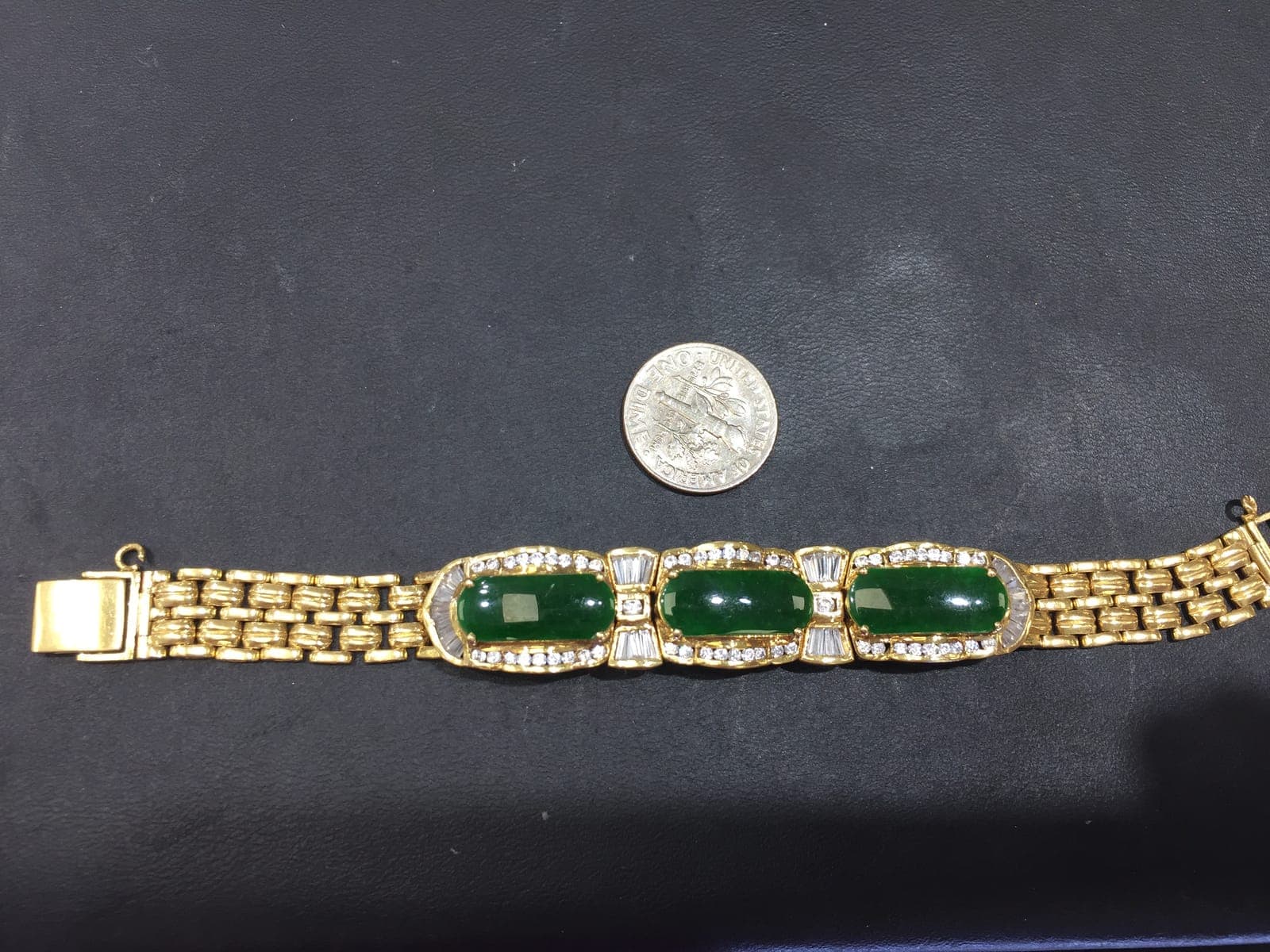 Imperial Green Jadeite Three-Stone Gold Bracelet
