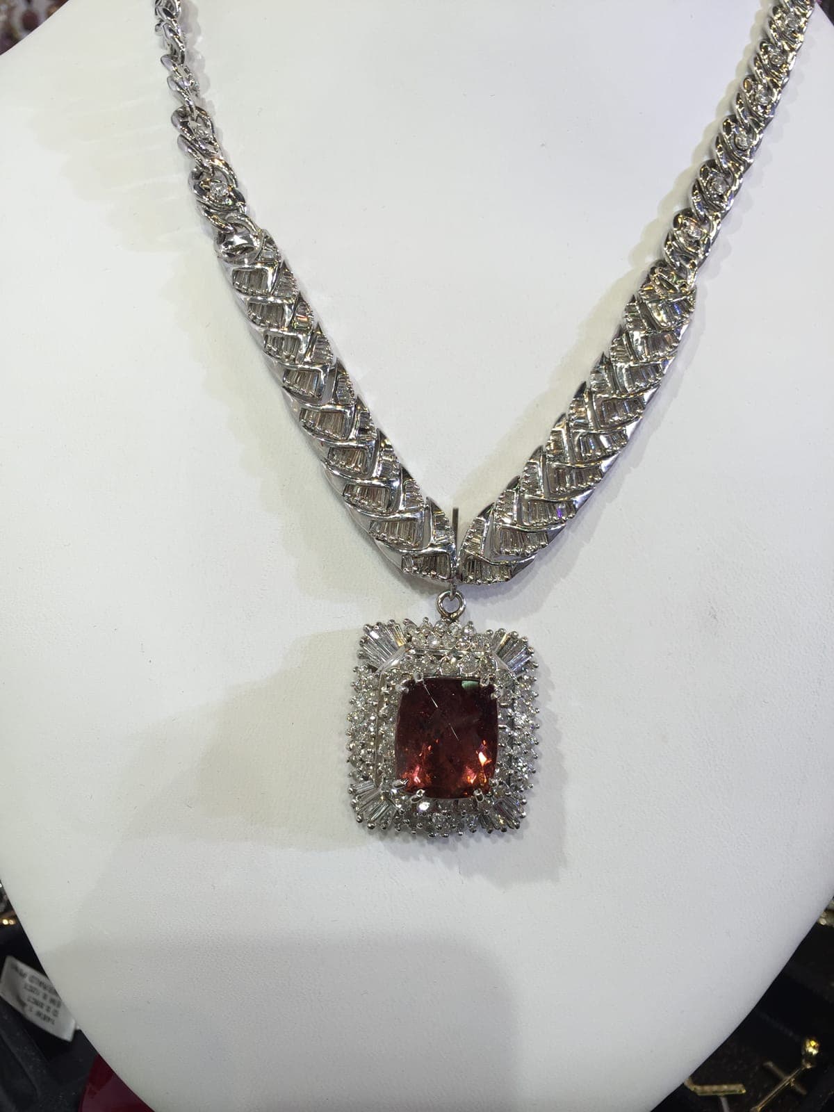 Red Gemstone & Diamond Pendant Necklace — Baguette Chain