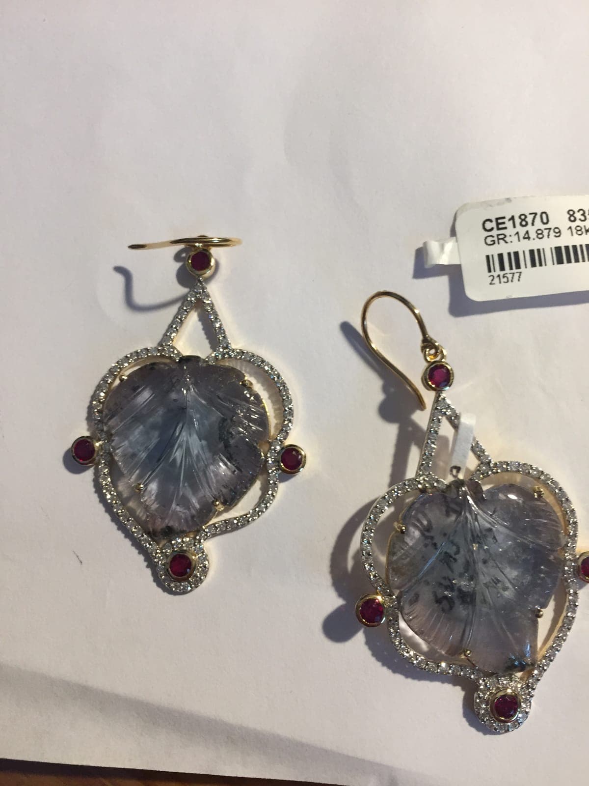 Carved Gemstone & Ruby Drop Earrings — 18K