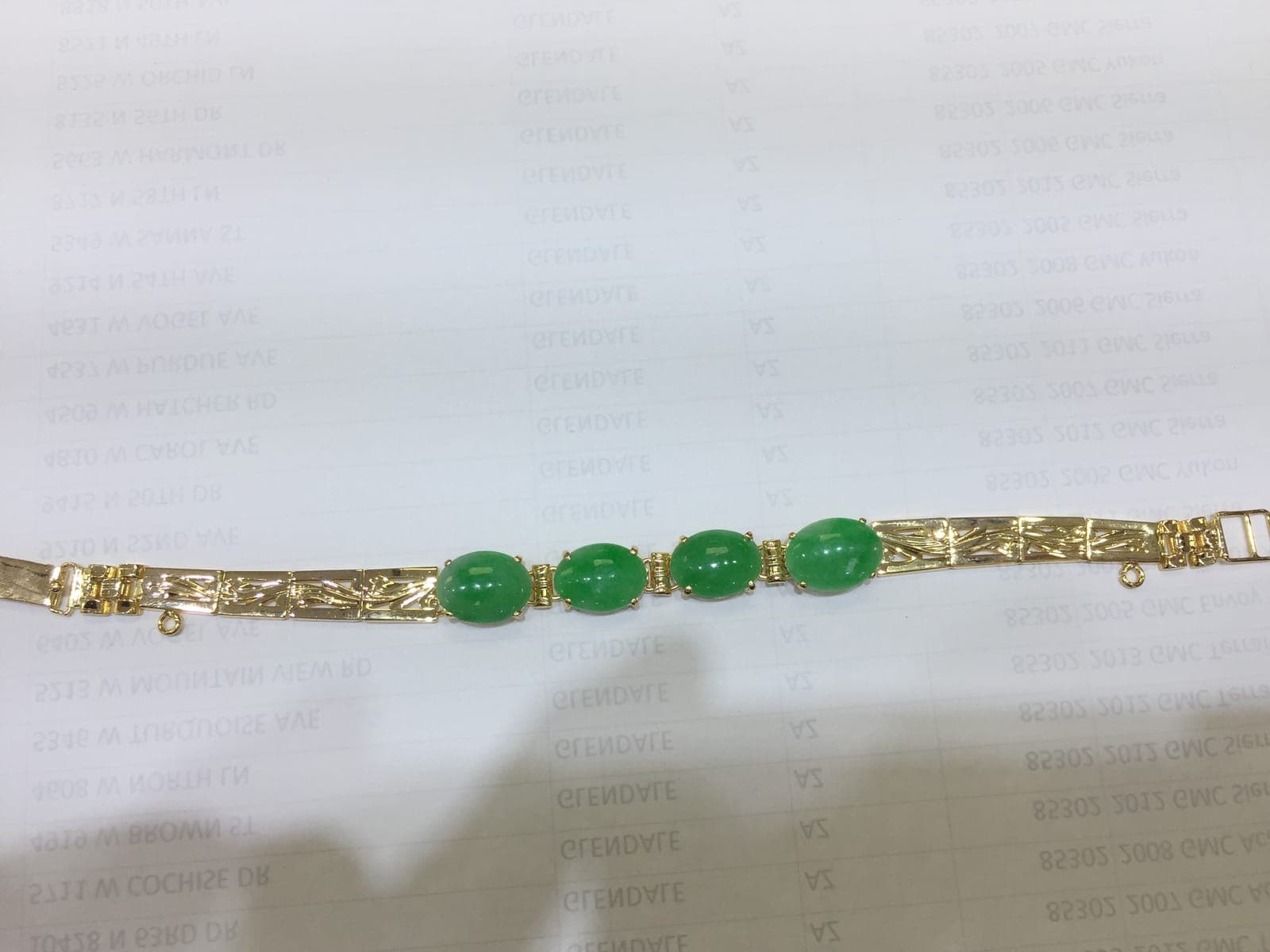Green Jade Three-Stone Gold Link Bracelet