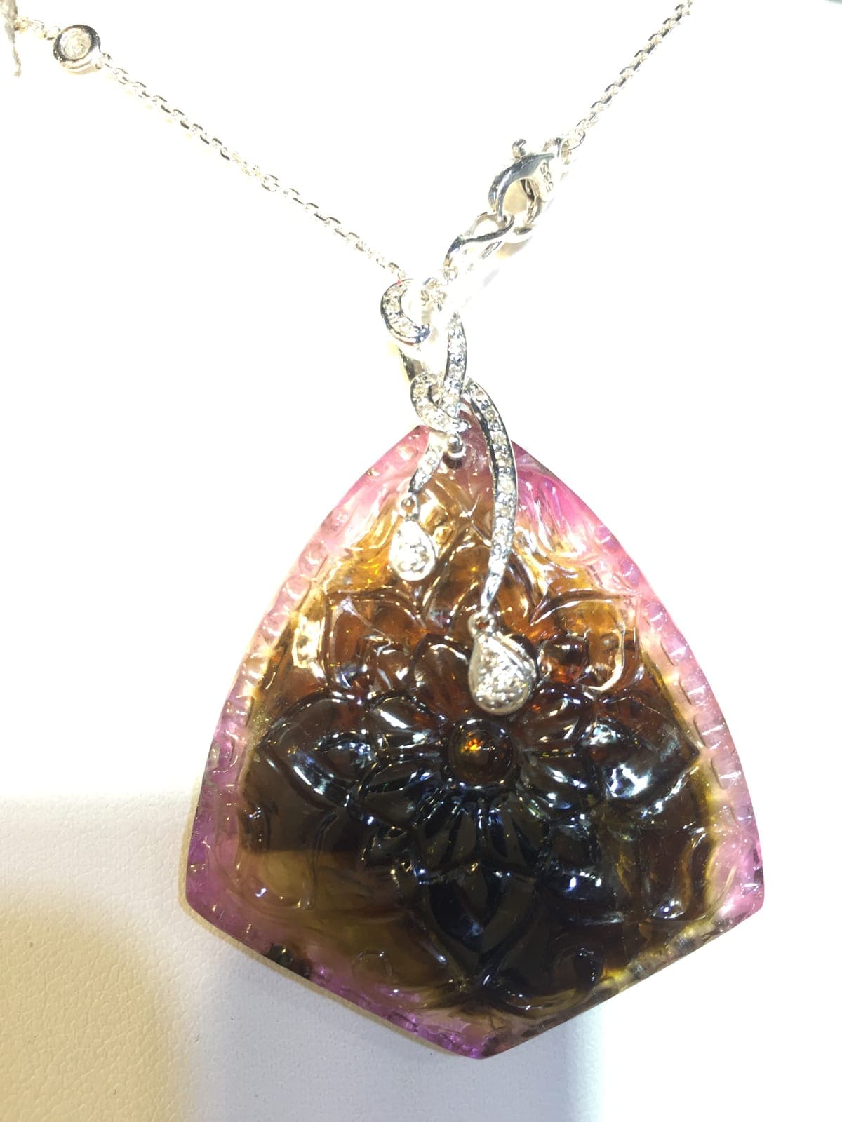 Carved Watermelon Tourmaline Shield Pendant