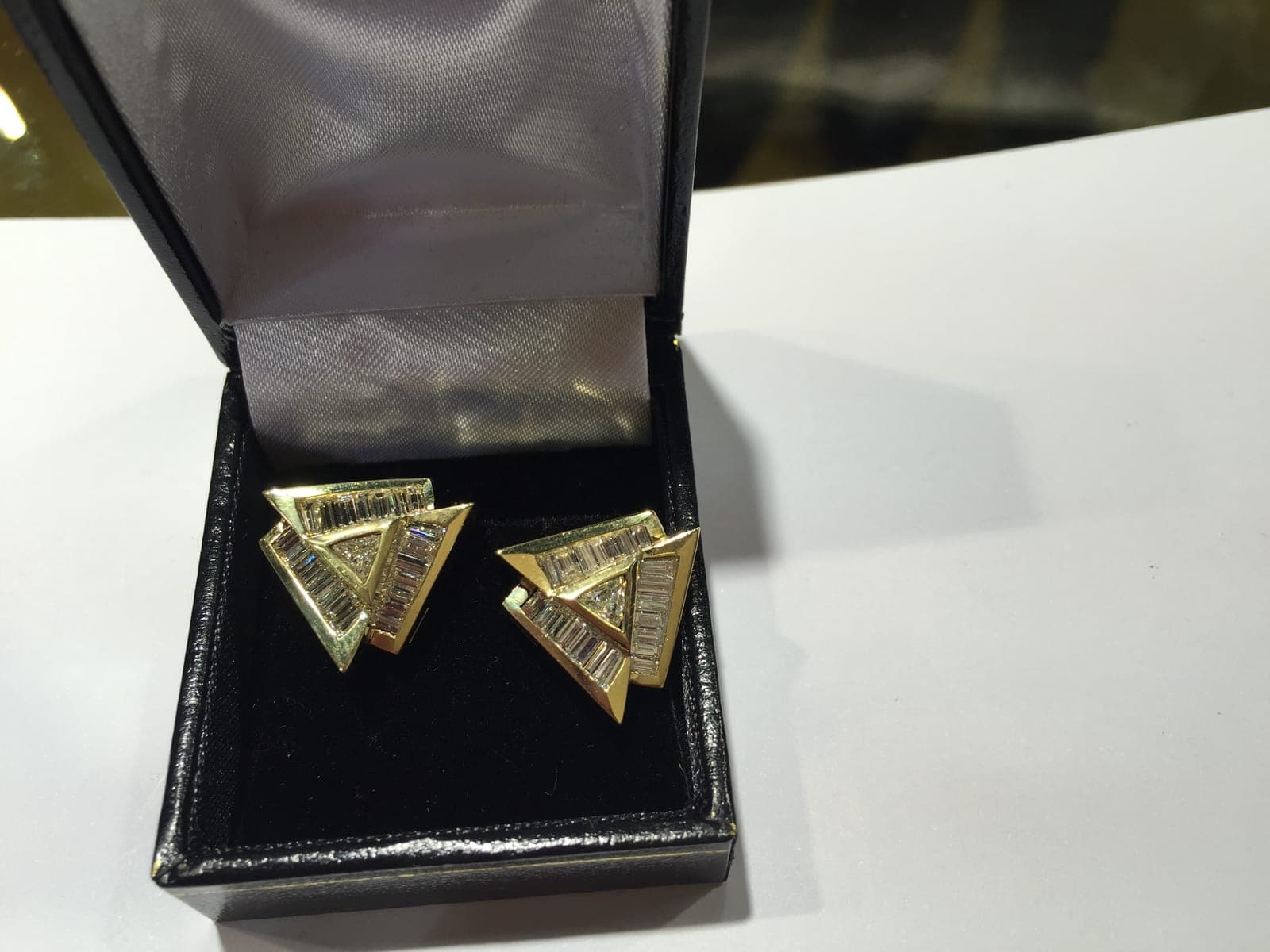 Gold Baguette Diamond Triangle Earrings
