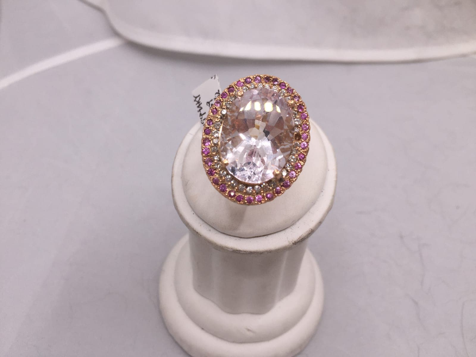 Rose Gold Kunzite & Pink Sapphire Double Halo Ring